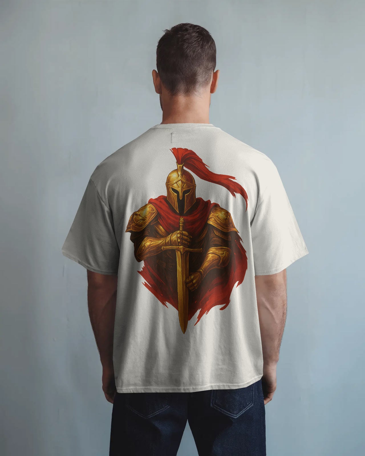 Golden Knight Oversized T-Shirt for Men – Medieval Warrior Sword Graphic by Bycads