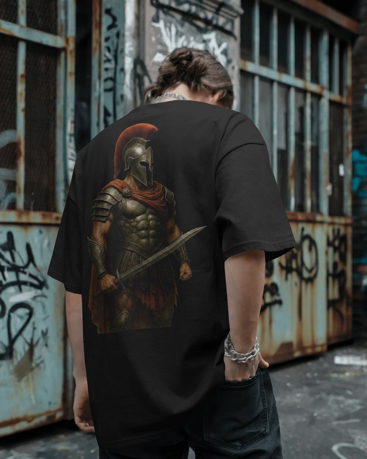Iron Spartan Oversized T-Shirt for Men – Ancient Warrior Helmet Graphic by Bycads