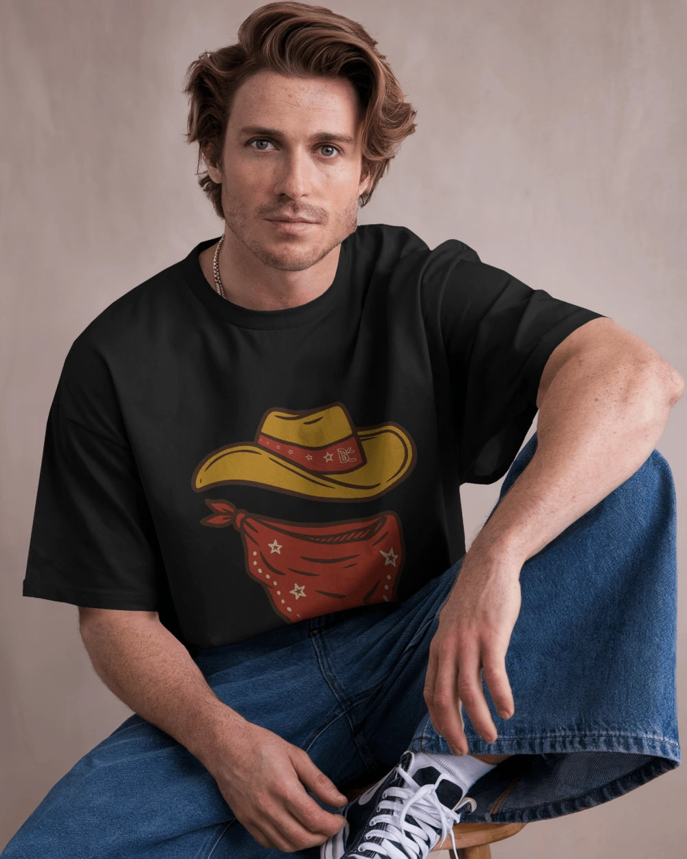 Minimal Cowboy Oversized T-Shirt for Men – Western Hat and Bandana by Bycads