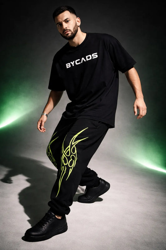 BYCADS Neon Tribal Flame Black Joggers – Glow Streetwear Graphic Lower