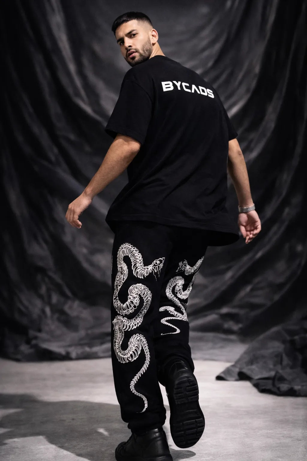 BYCADS Serpent Skeleton Graphic Black Joggers – Bold Streetwear Lower Pants