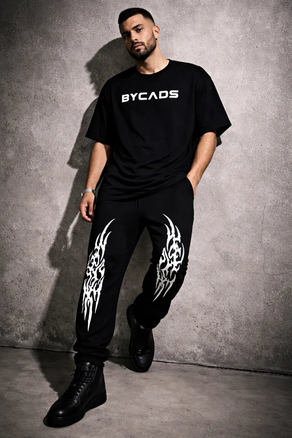 BYCADS Tribal Inferno Graphic Black Joggers – Bold Streetwear Lower Pants