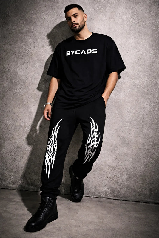 BYCADS Tribal Inferno Graphic Black Joggers – Bold Streetwear Lower Pants