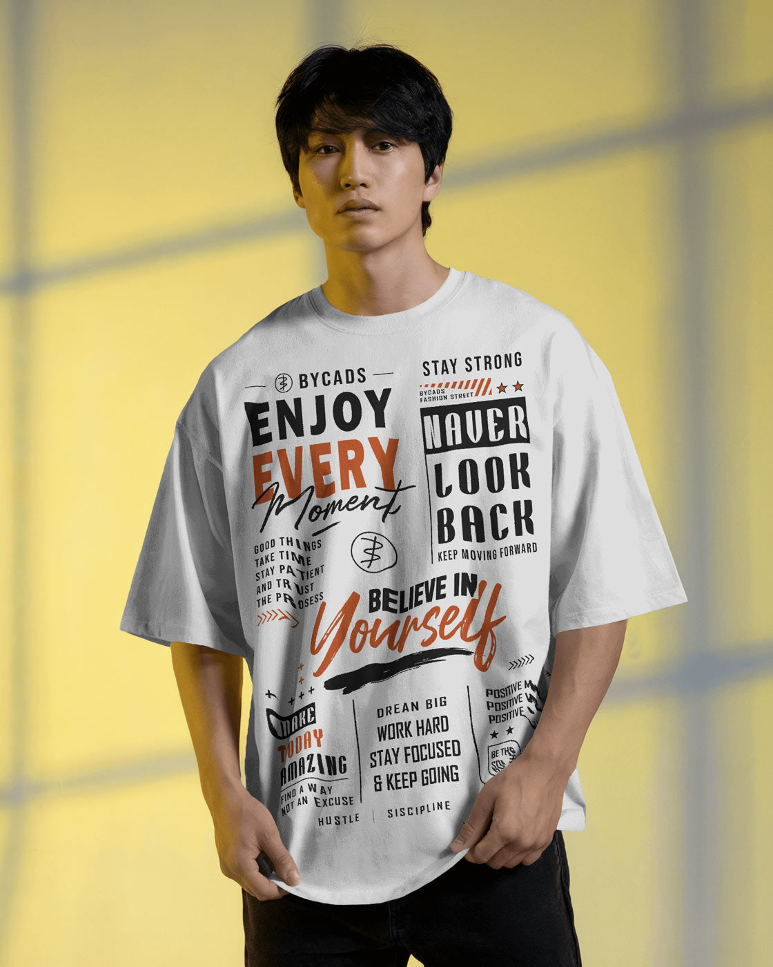 BYCADS Enjoy Every Moment Oversized Blend Cotton Graphic T-Shirt | Believe in Yourself Typography Streetwear T-shirt