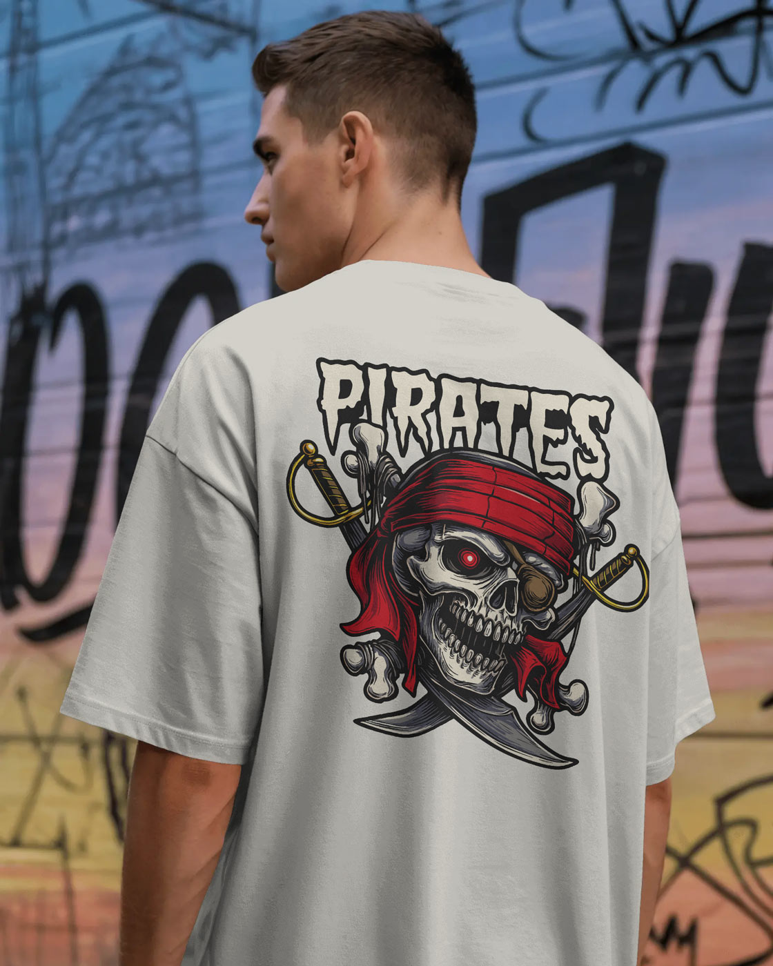 Pirate Skull Oversized T-Shirt for Men – Red Bandana & Swords Graphic by Bycads