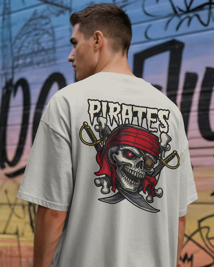 Pirate Skull Oversized T-Shirt for Men – Red Bandana & Swords Graphic by Bycads