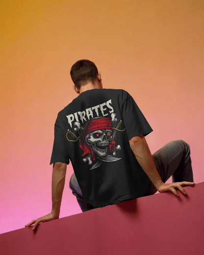 Pirate Skull Oversized T-Shirt for Men – Red Bandana & Swords Graphic by Bycads