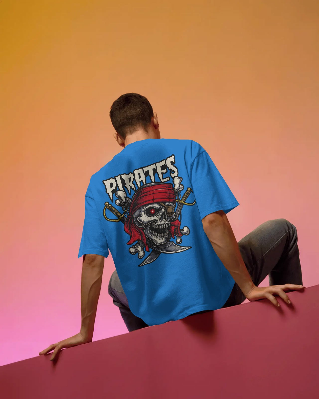 Pirate Skull Oversized T-Shirt for Men – Red Bandana & Swords Graphic by Bycads