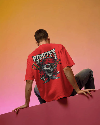 Pirate Skull Oversized T-Shirt for Men – Red Bandana & Swords Graphic by Bycads