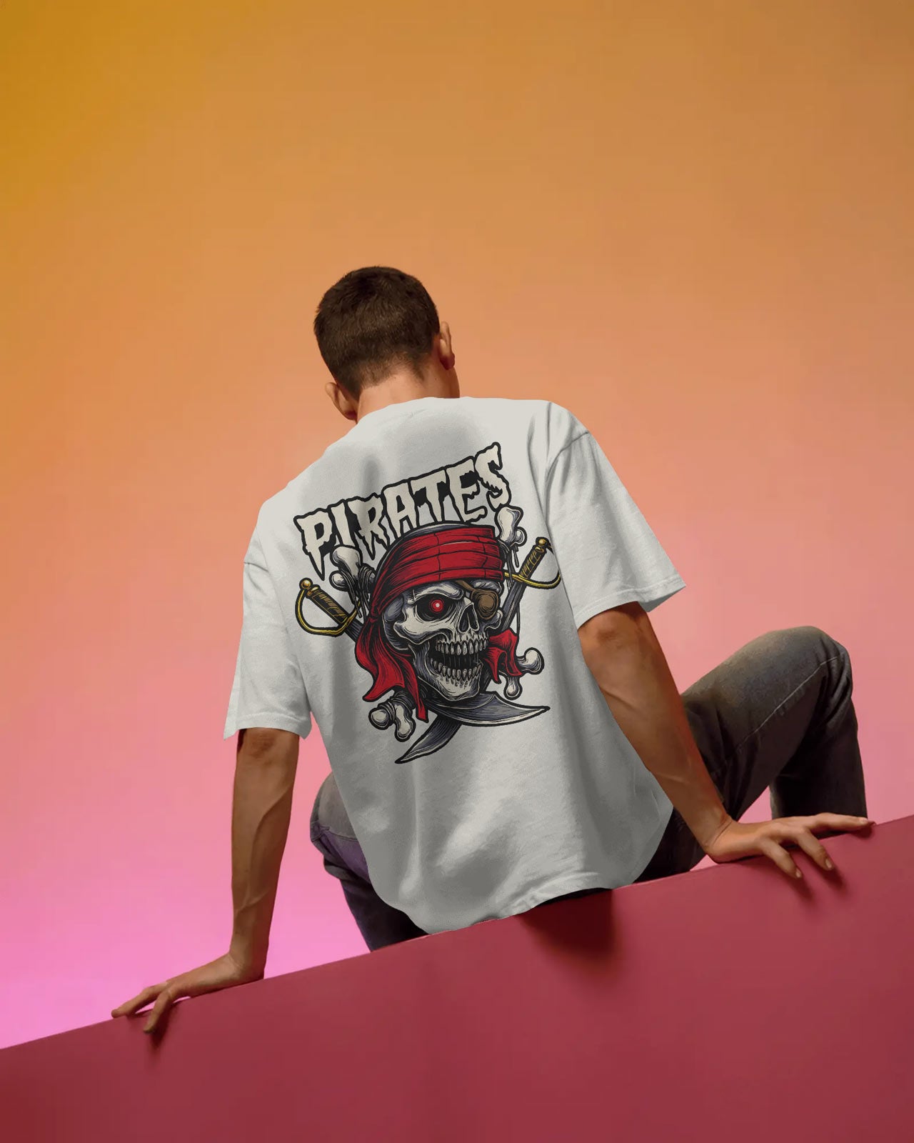 Pirate Skull Oversized T-Shirt for Men – Red Bandana & Swords Graphic by Bycads