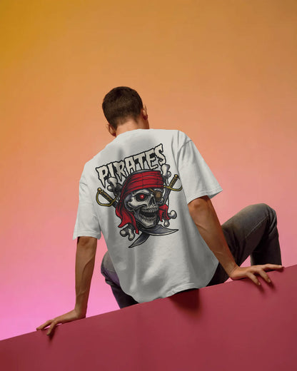 Pirate Skull Oversized T-Shirt for Men – Red Bandana & Swords Graphic by Bycads