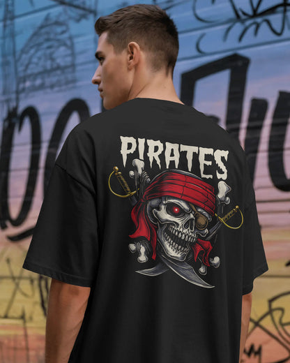 Pirate Skull Oversized T-Shirt for Men – Red Bandana & Swords Graphic by Bycads