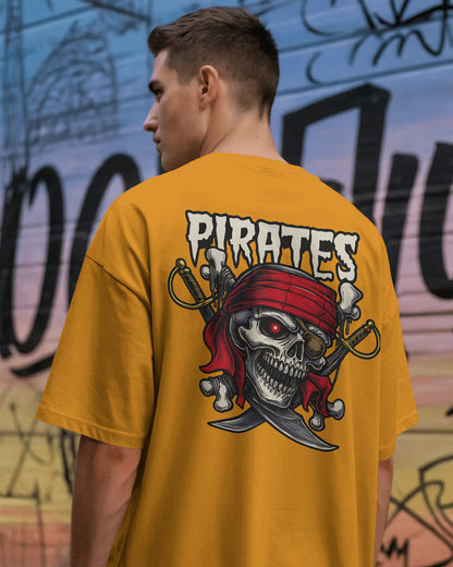 Pirate Skull Oversized T-Shirt for Men – Red Bandana & Swords Graphic by Bycads