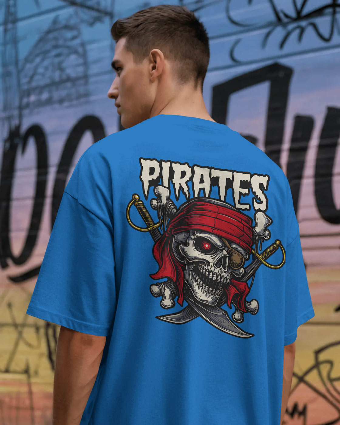 Pirate Skull Oversized T-Shirt for Men – Red Bandana & Swords Graphic by Bycads