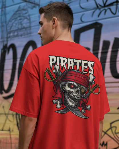 Pirate Skull Oversized T-Shirt for Men – Red Bandana & Swords Graphic by Bycads