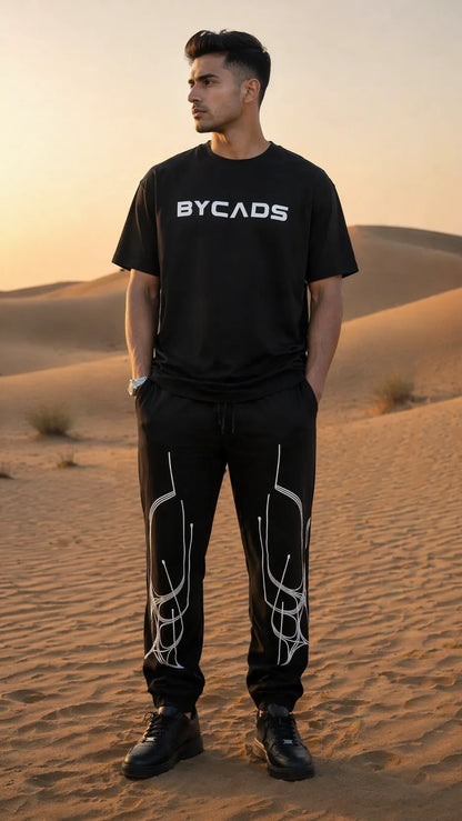 BYCADS Abstract Line Graphic Black Joggers – Minimal Streetwear Lower Pants