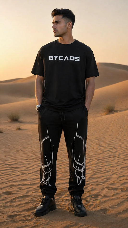 BYCADS Abstract Line Graphic Black Joggers – Minimal Streetwear Lower Pants