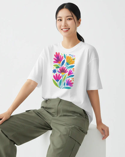 Women’s Oversized Cotton Blend Floral Graphic T-Shirt – White  Colorful Flower Print Tee