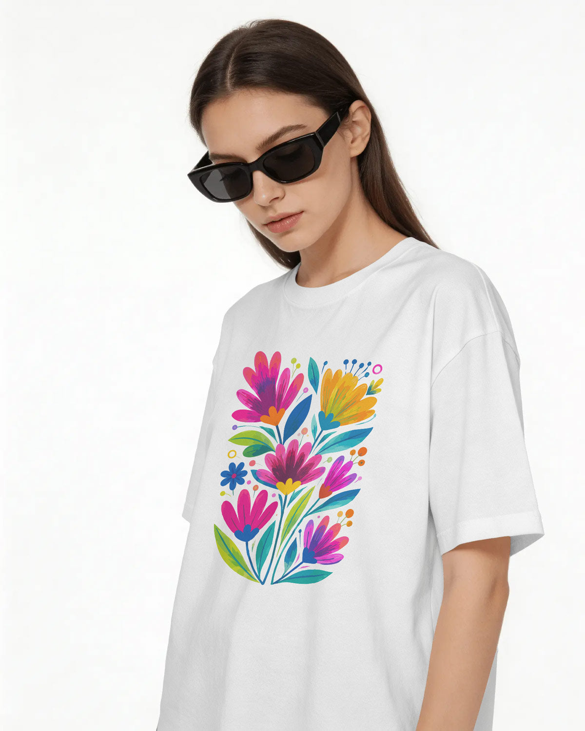 Women’s Oversized Cotton Blend Floral Graphic T-Shirt – White  Colorful Flower Print Tee