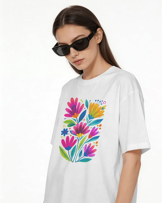 Women’s Oversized Cotton Blend Floral Graphic T-Shirt – White  Colorful Flower Print Tee