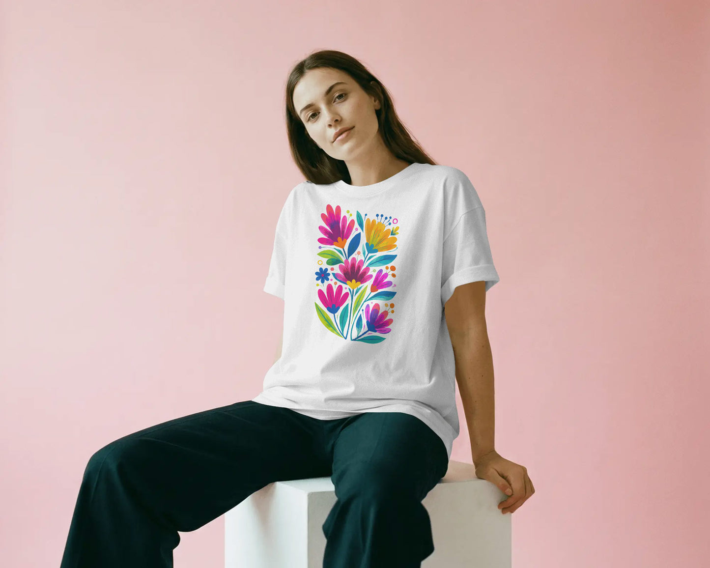 Women’s Oversized Cotton Blend Floral Graphic T-Shirt – White  Colorful Flower Print Tee