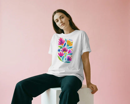 Women’s Oversized Cotton Blend Floral Graphic T-Shirt – White  Colorful Flower Print Tee