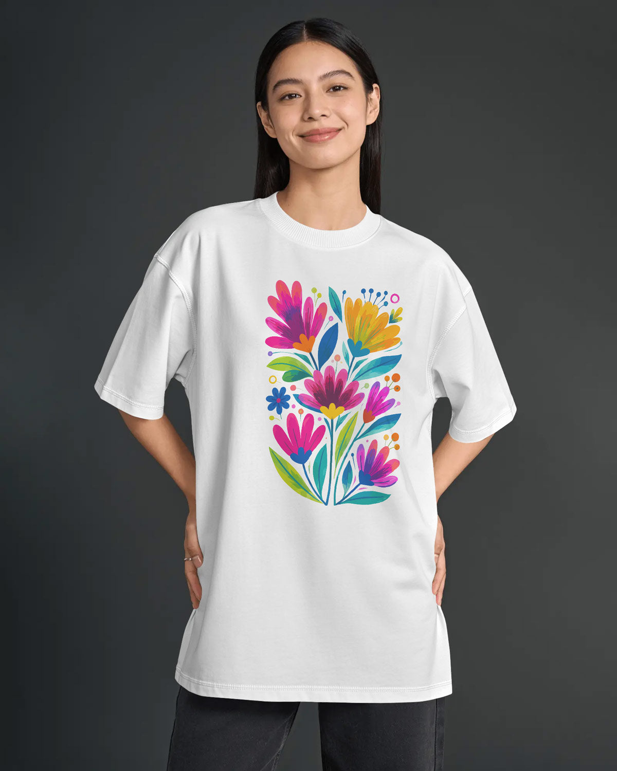 Women’s Oversized Cotton Blend Floral Graphic T-Shirt – White  Colorful Flower Print Tee