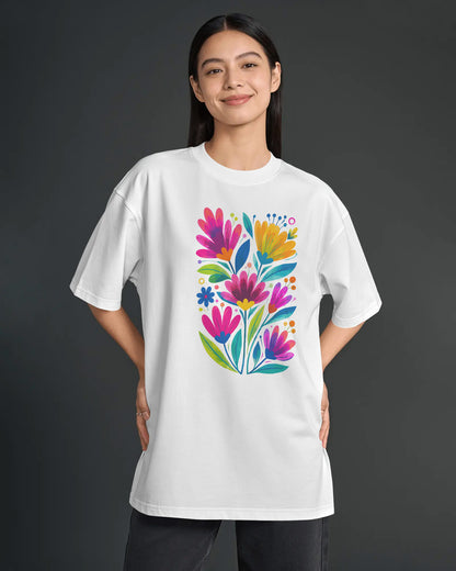 Women’s Oversized Cotton Blend Floral Graphic T-Shirt – White  Colorful Flower Print Tee