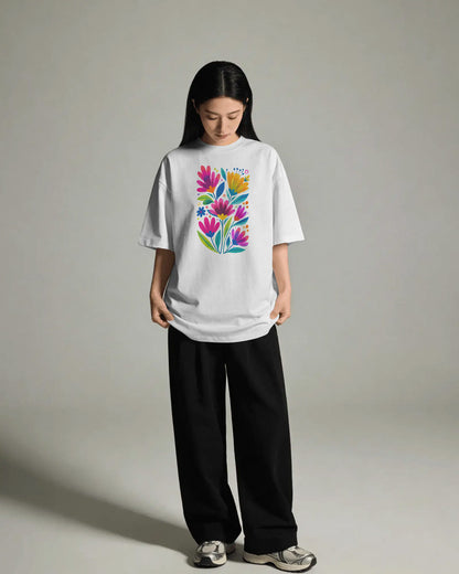 Women’s Oversized Cotton Blend Floral Graphic T-Shirt – White  Colorful Flower Print Tee