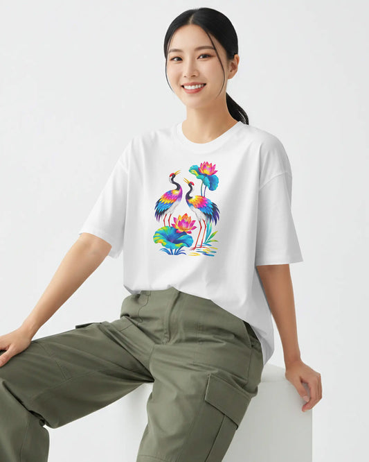 Women’s Oversized Cotton Blend Graphic T-Shirt – White | Colorful Crane & Lotus Print