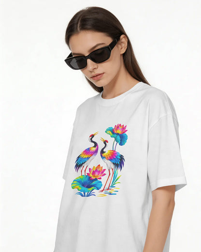 Women’s Oversized Cotton Blend Graphic T-Shirt – White | Colorful Crane & Lotus Print