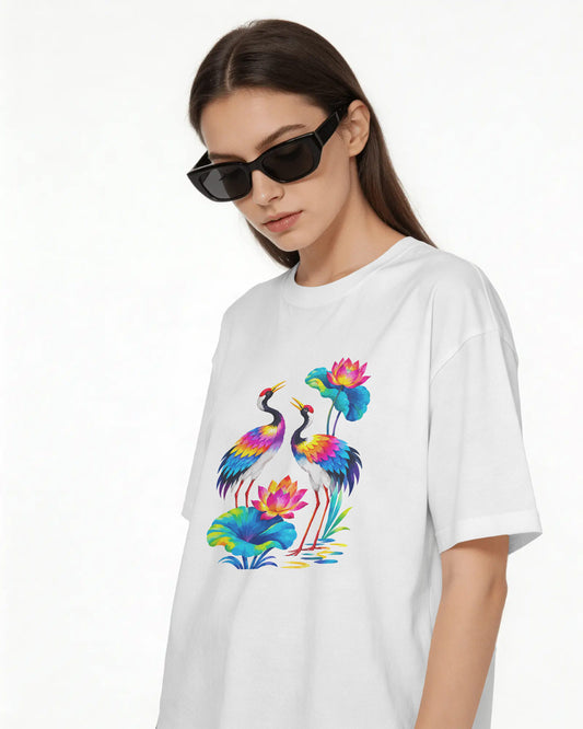 Women’s Oversized Cotton Blend Graphic T-Shirt – White | Colorful Crane & Lotus Print