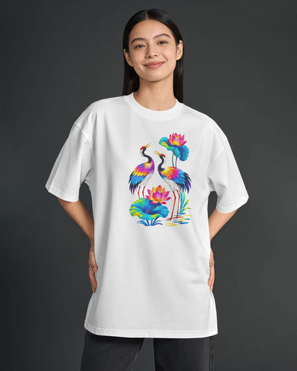 Women’s Oversized Cotton Blend Graphic T-Shirt – White | Colorful Crane & Lotus Print