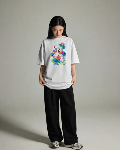 Women’s Oversized Cotton Blend Graphic T-Shirt – White | Colorful Crane & Lotus Print