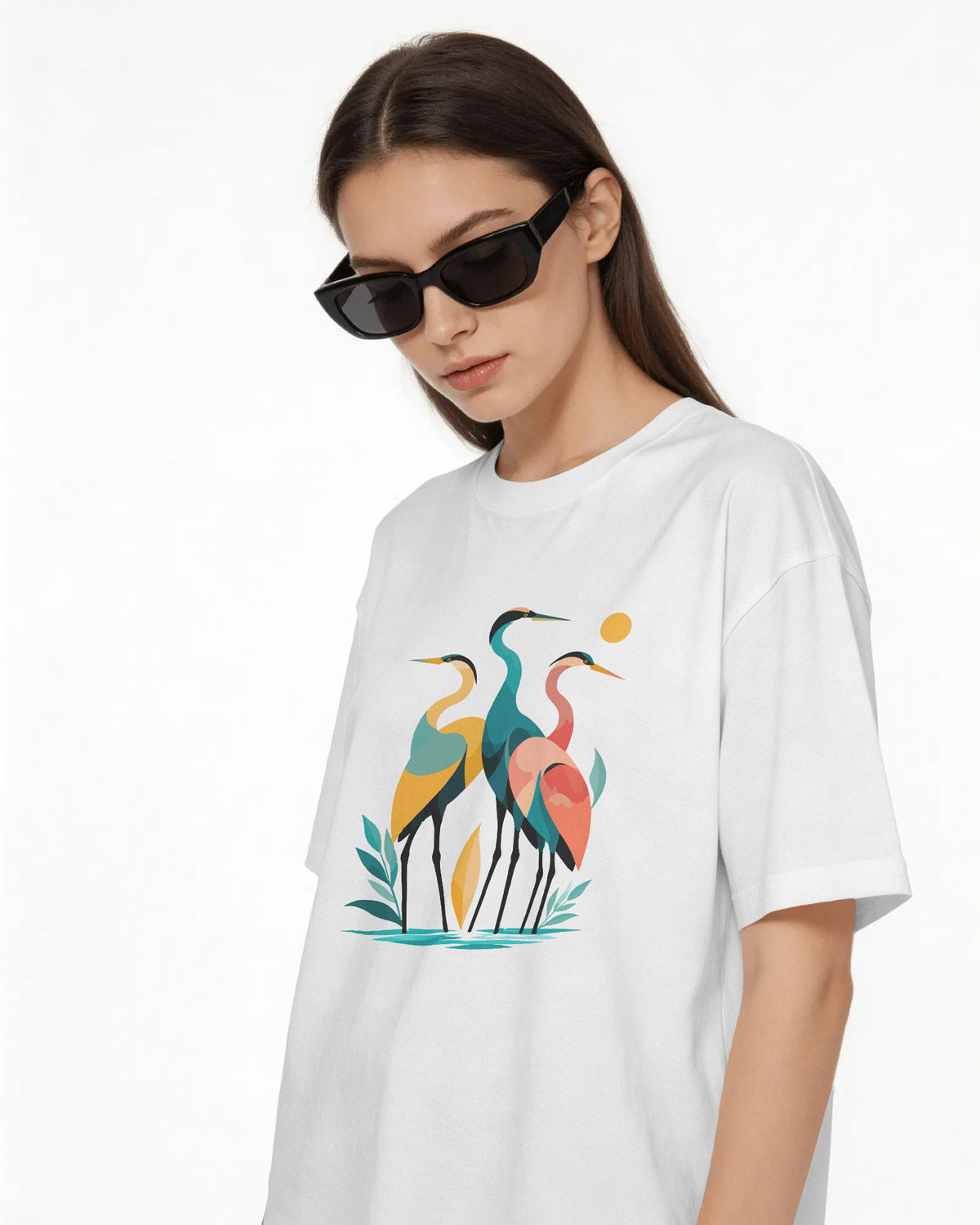 Women’s Oversized Cotton Blend Graphic T-Shirt – White  Relaxed Fit Bird Print Tee