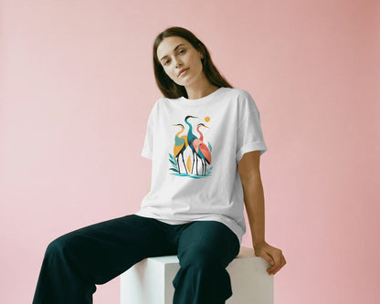 Women’s Oversized Cotton Blend Graphic T-Shirt – White  Relaxed Fit Bird Print Tee