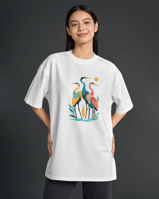 Women’s Oversized Cotton Blend Graphic T-Shirt – White  Relaxed Fit Bird Print Tee