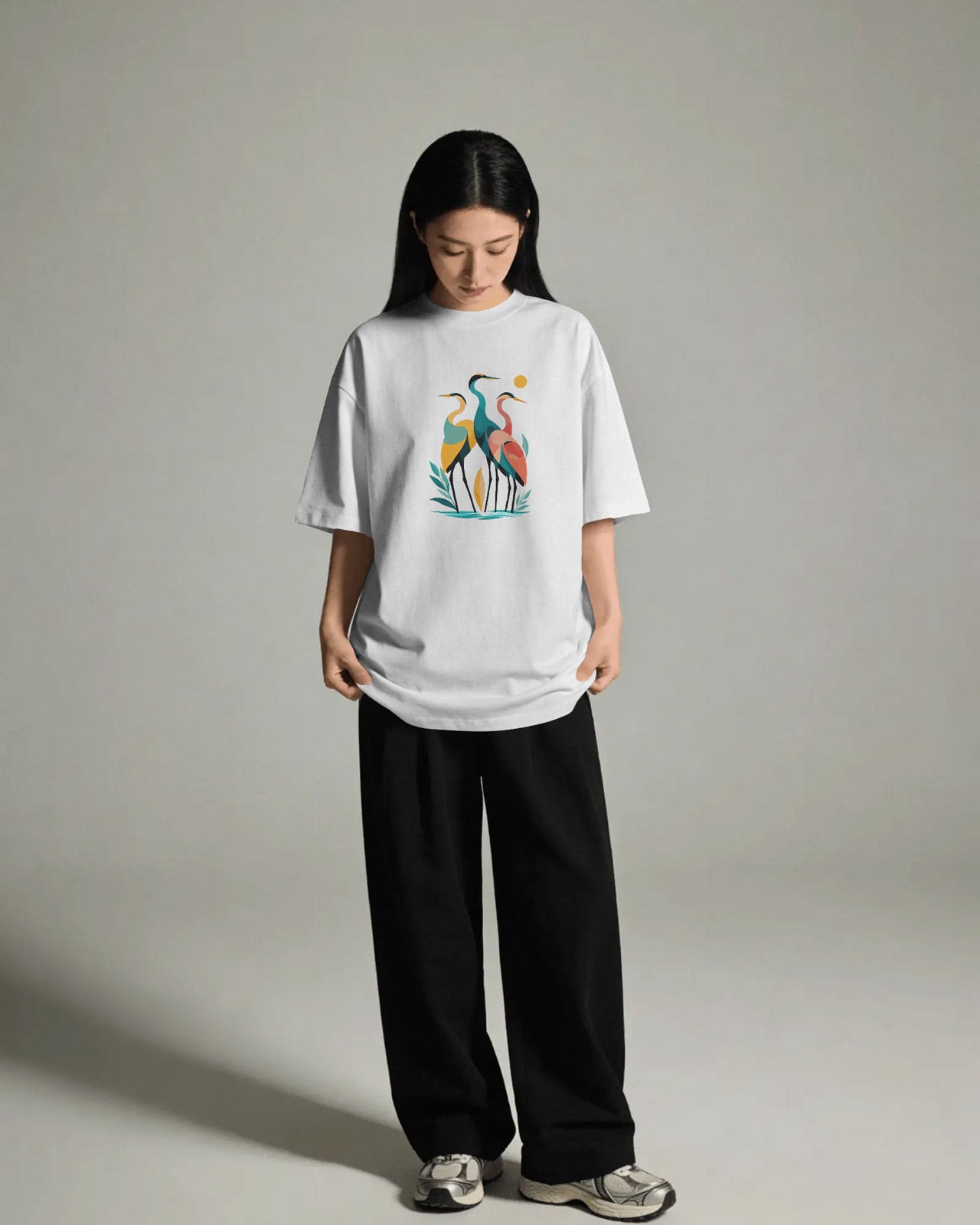 Women’s Oversized Cotton Blend Graphic T-Shirt – White  Relaxed Fit Bird Print Tee