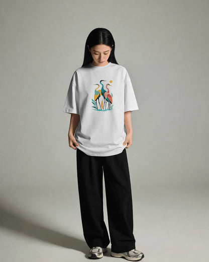 Women’s Oversized Cotton Blend Graphic T-Shirt – White  Relaxed Fit Bird Print Tee