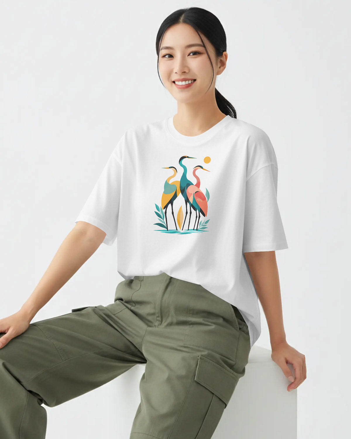 Women’s Oversized Cotton Blend Graphic T-Shirt – White  Relaxed Fit Bird Print Tee