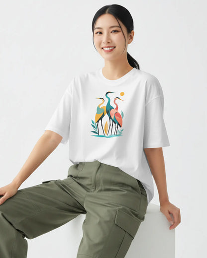 Women’s Oversized Cotton Blend Graphic T-Shirt – White  Relaxed Fit Bird Print Tee