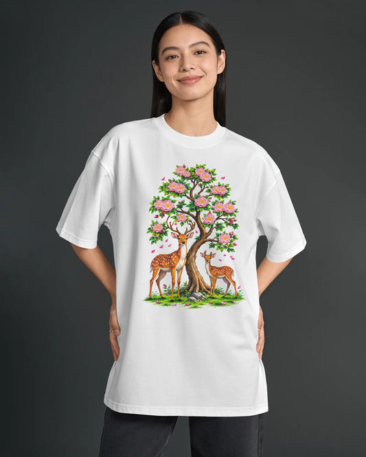 Women’s Oversized White Cotton Blend T-Shirt  Deer & Floral Tree Graphic Tee  BYCADS