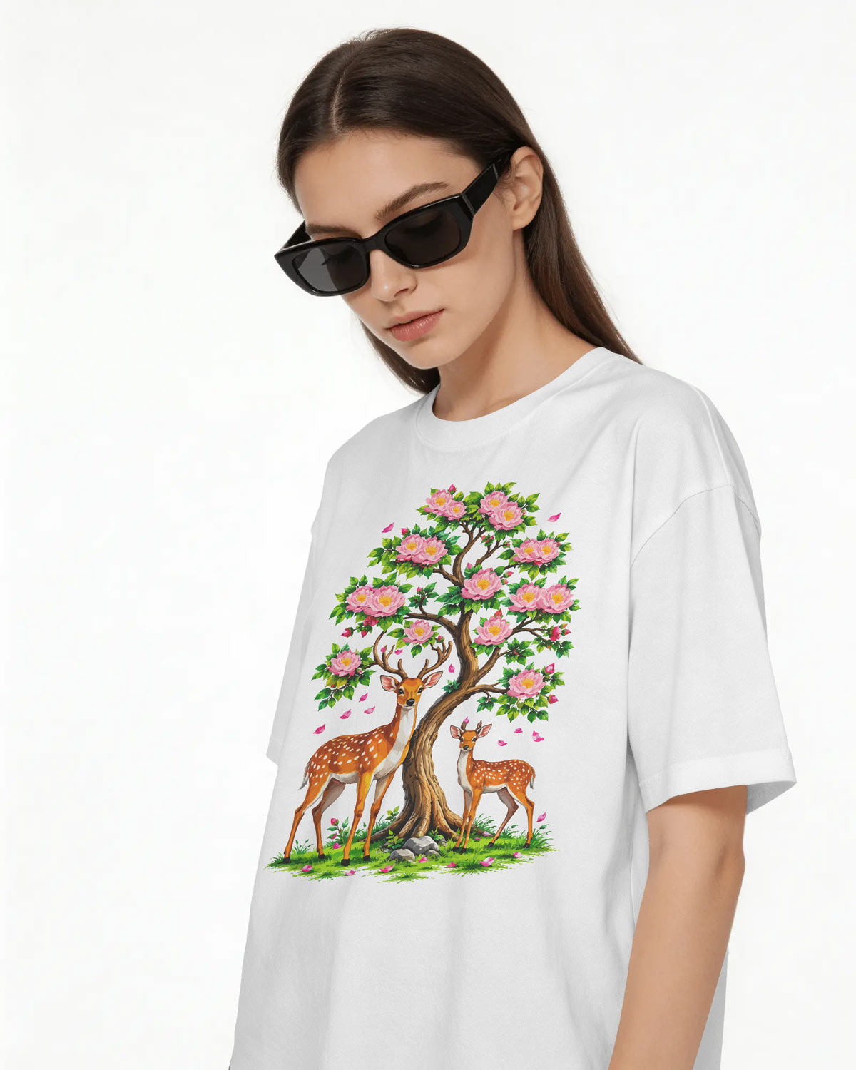 Women’s Oversized White Cotton Blend T-Shirt  Deer & Floral Tree Graphic Tee  BYCADS