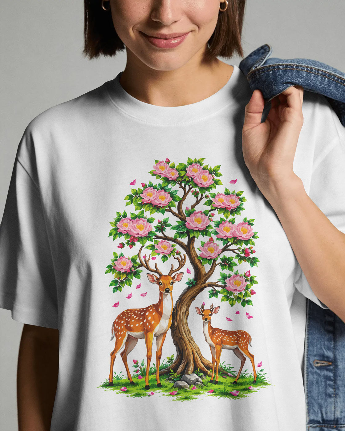 Women’s Oversized White Cotton Blend T-Shirt  Deer & Floral Tree Graphic Tee  BYCADS