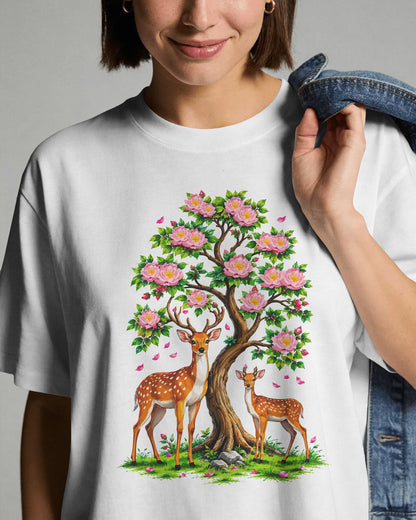 Women’s Oversized White Cotton Blend T-Shirt  Deer & Floral Tree Graphic Tee  BYCADS