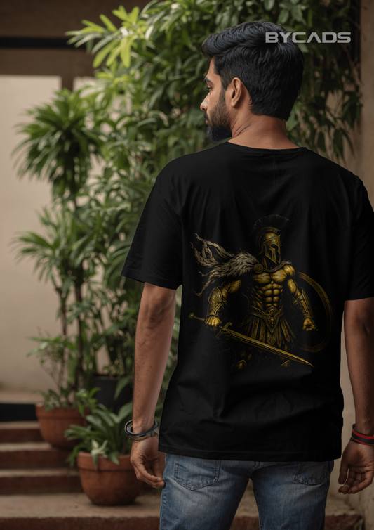 Golden Spartan Warrior Oversized T-Shirt for Men – Fierce Ancient Fighter Graphic by Bycads