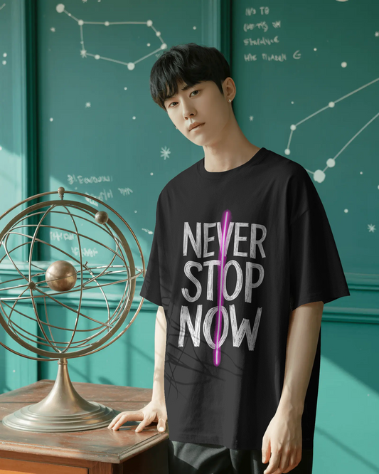Never Stop Now Neon Line Graphic Oversized Unisex cotton blend T-Shirt - BYCADS