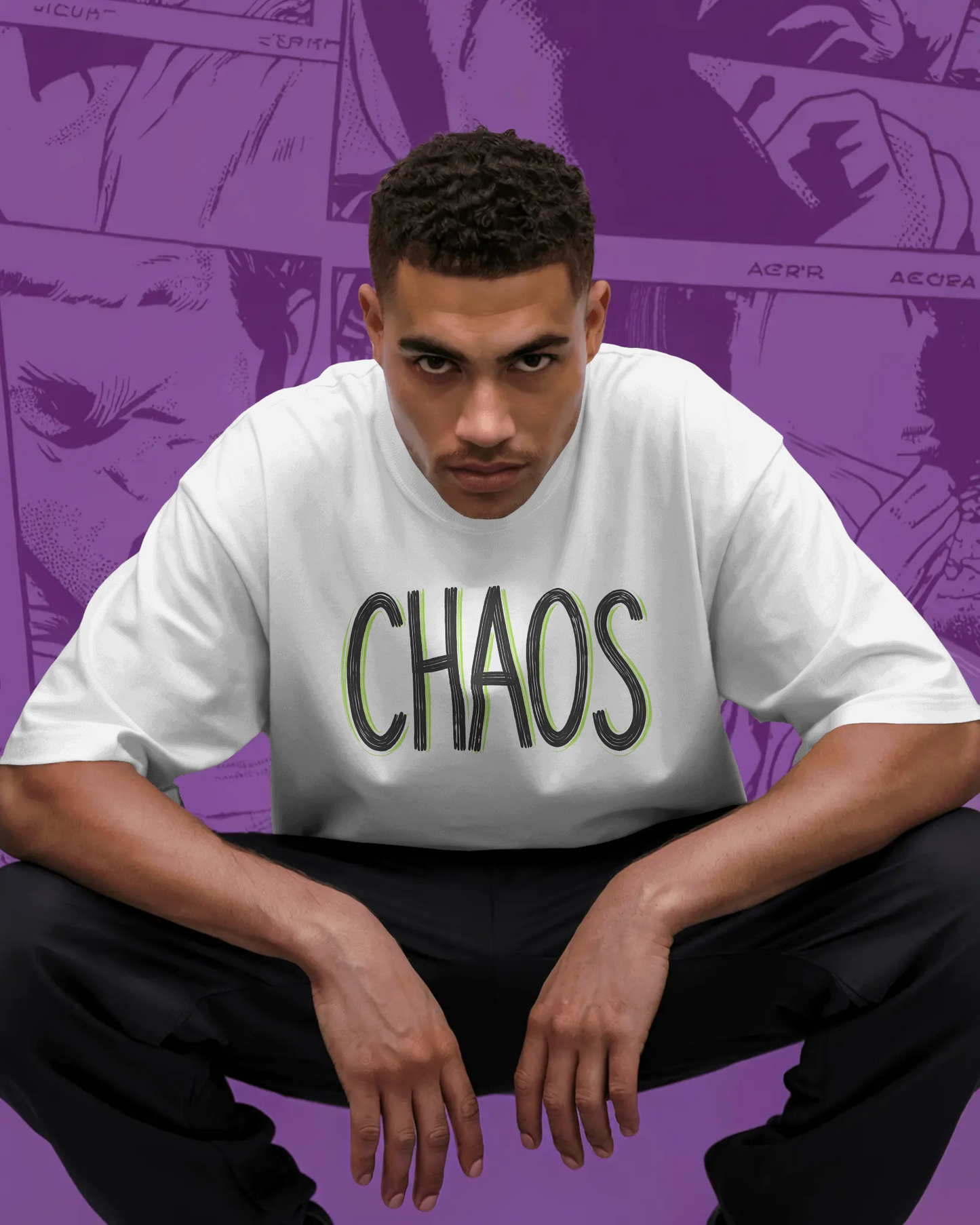 CHAOS Minimal Neon Outline Oversized T-Shirt cotton blend - BYCADS
